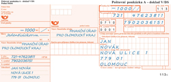 Poštovní poukázka A – doklad V/DS (daňová složenka) - Česká pošta
