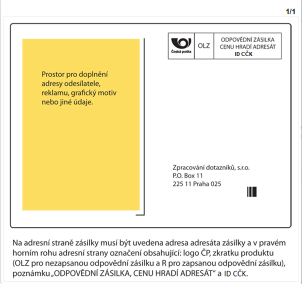 Vzor odpovědní zásilky, adresní strana - Česká pošta