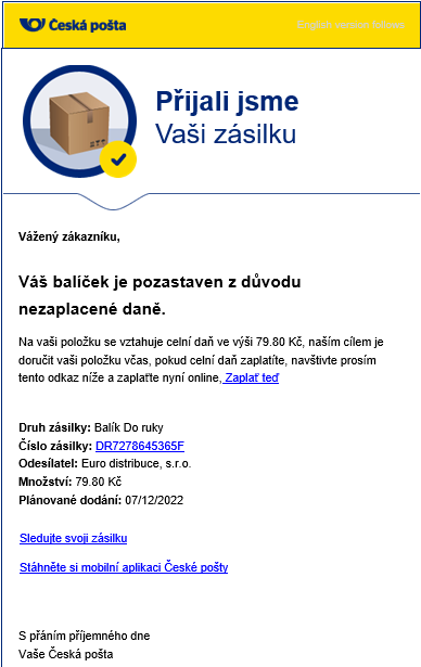 Historie podvodných e-mailů - Česká pošta